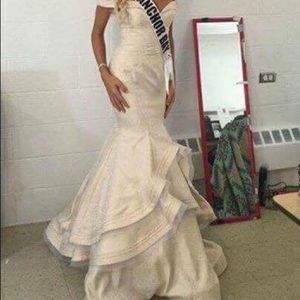 Mac Duggal gown off white embossed cream dress